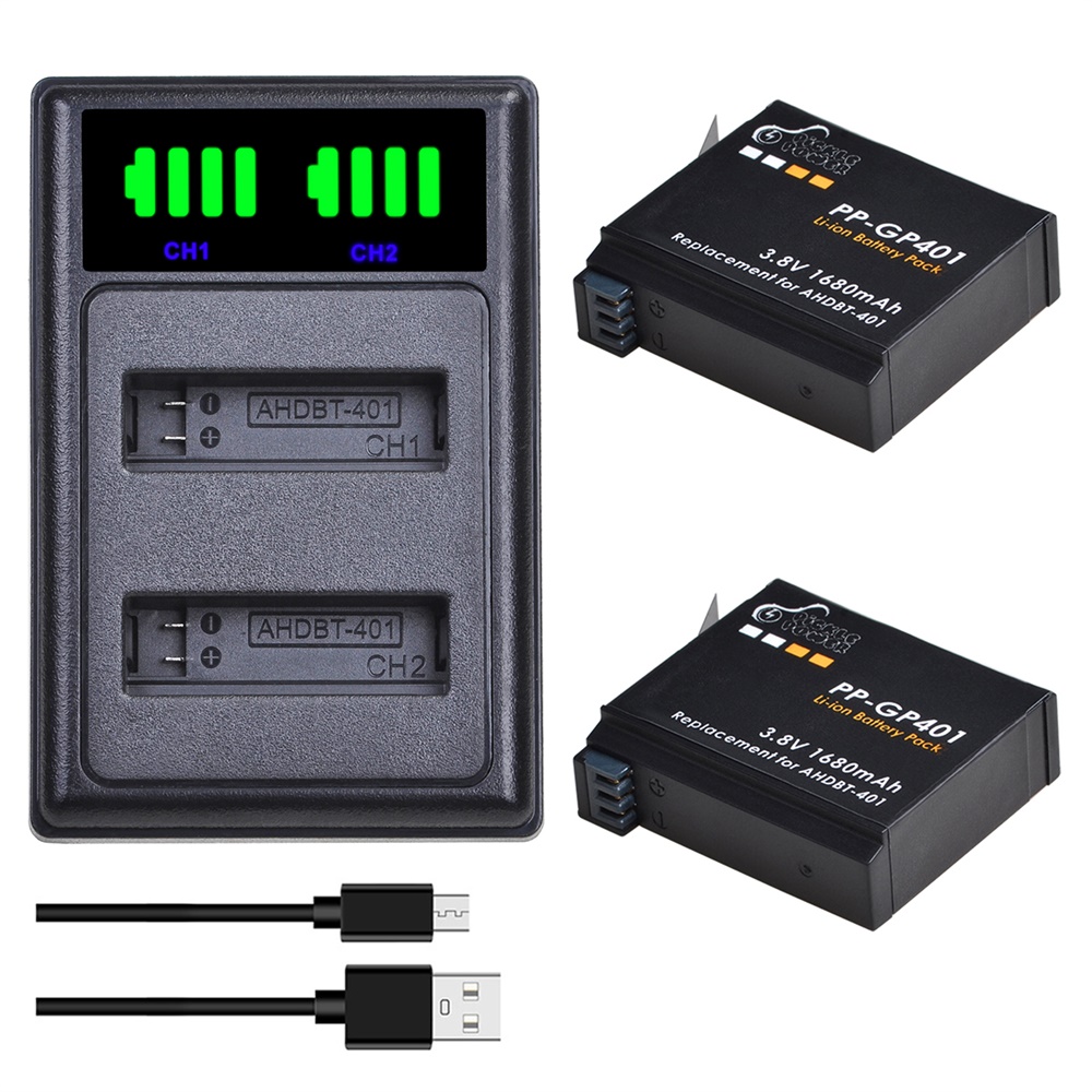Action Camera Battery Charger Dual Pack - Batterie 1680mAh AHDBT-401 pour Gopro Hero