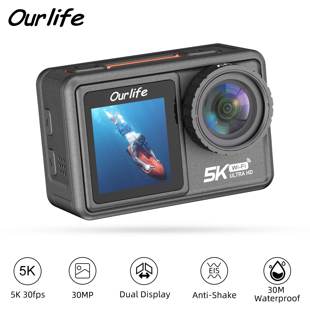 Action Camera 4K 60Fps Dual Screen - Caméra d'action Ourlife 5K30FPS EIS 2.0