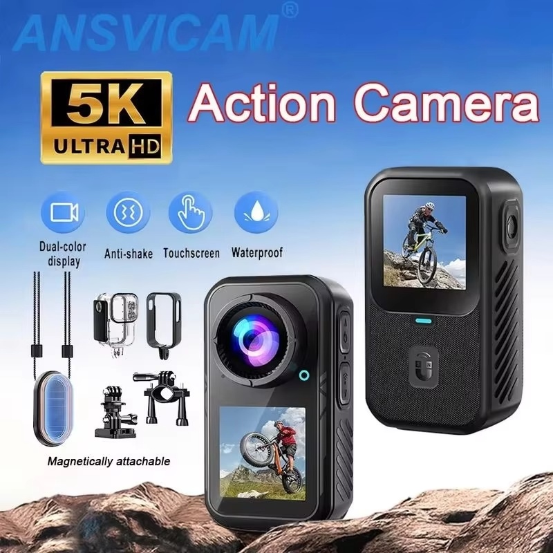 Action Camera 4K 60Fps Dual Screen - Mini caméra d'action 5K 4K60FPS anti-vibration,