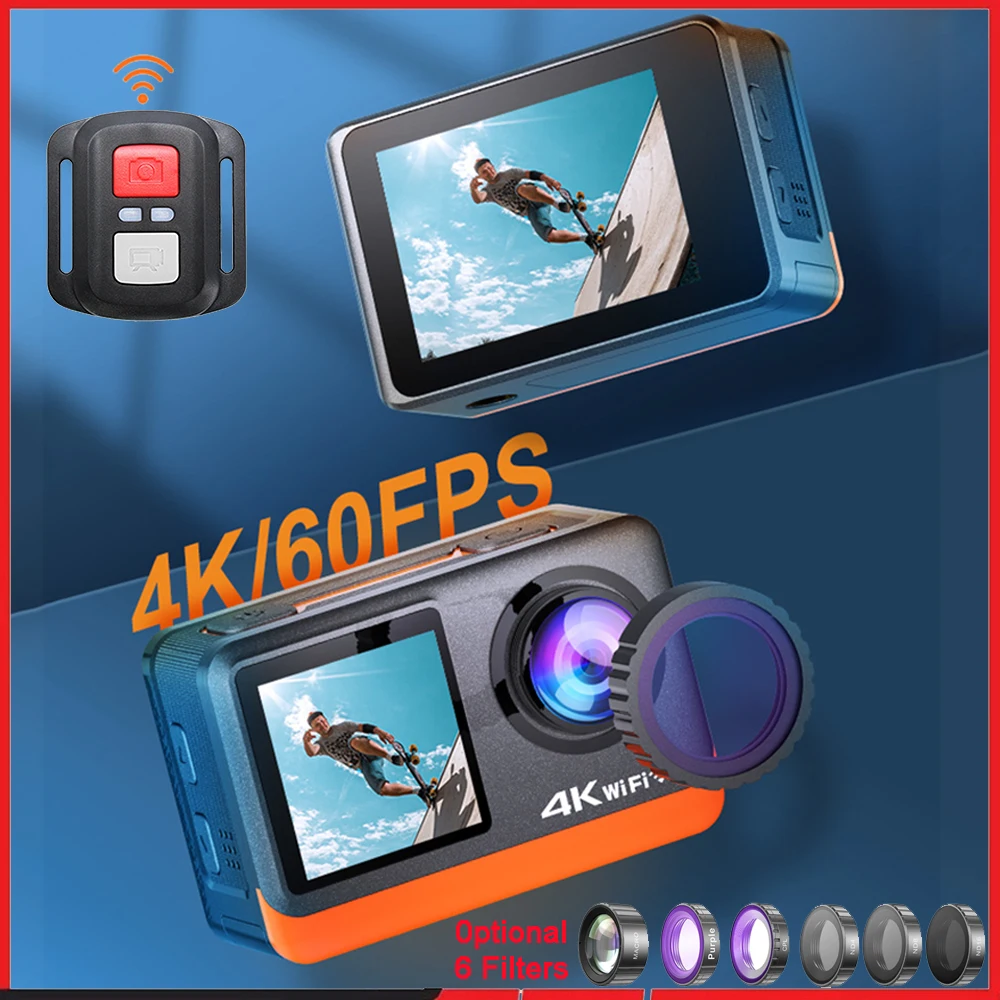 Action Camera 4K 60Fps Dual Screen - Caméra d'action double écran tactile IPS