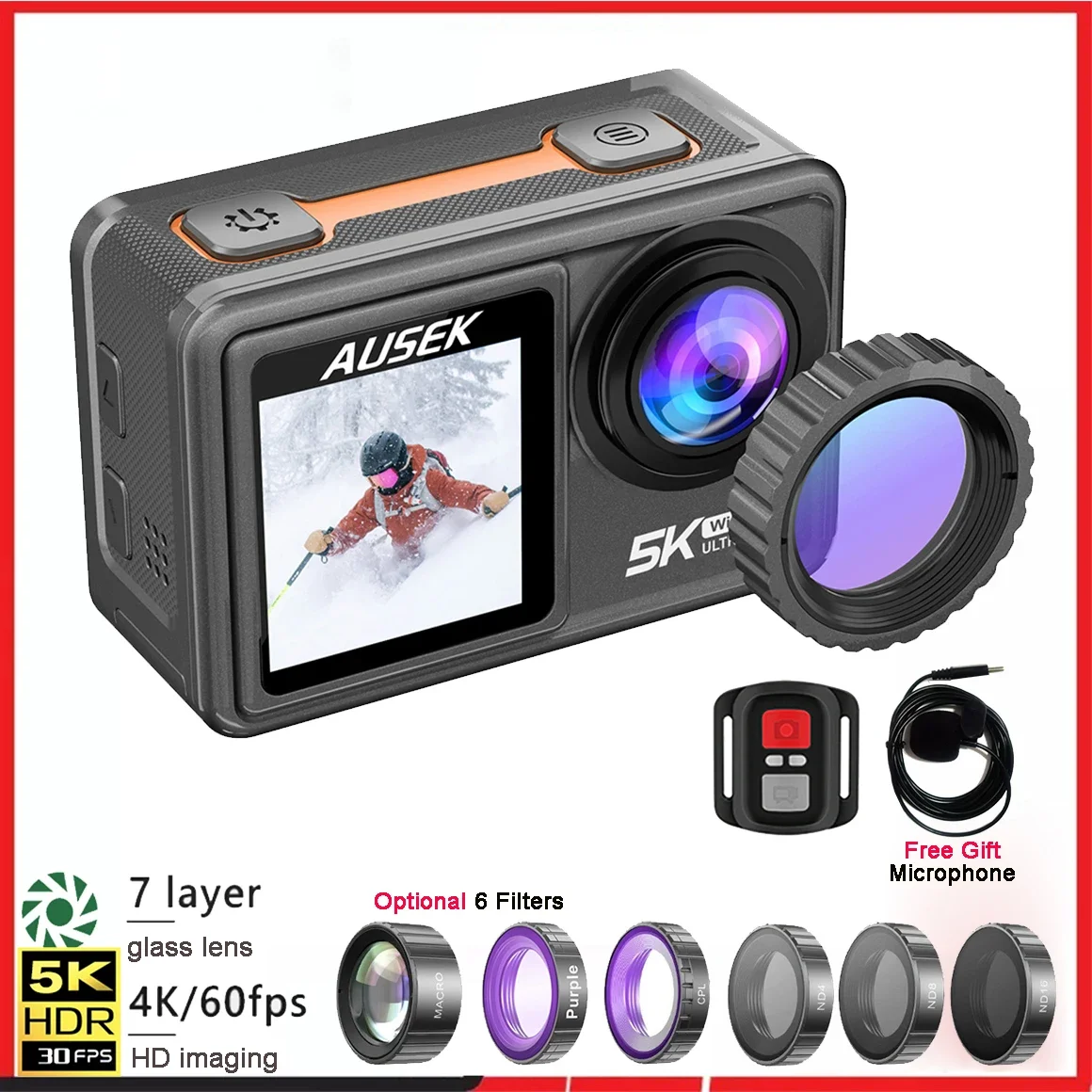 Caméra d'action avec filtre am - Action Camera 4K 60Fps Dual Screen avis et prix